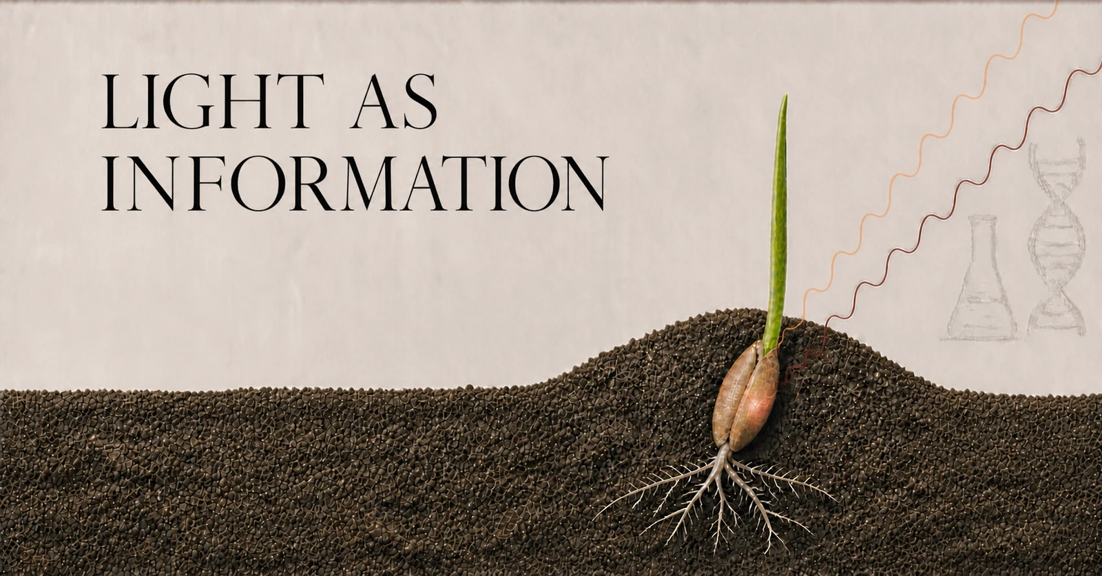 A seedling emerging from dark soil, with a wavy light signal traveling from its seed coat toward faint sketches of a flask and a DNA double helix.