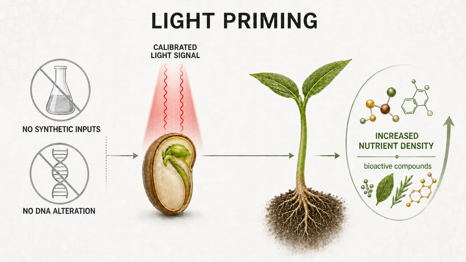 Diagram of light priming: a calibrated light signal applied to a seed, without synthetic
inputs or DNA alteration, growing into a plant with increased nutrient density and
accumulated bioactive compounds.